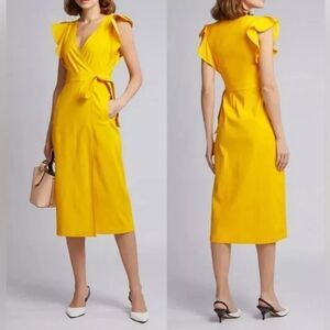 💛 A.L.C. Yellow Mustard Walker Ruffle Shoulder Belted Tie Waist Wrapped Dress 6